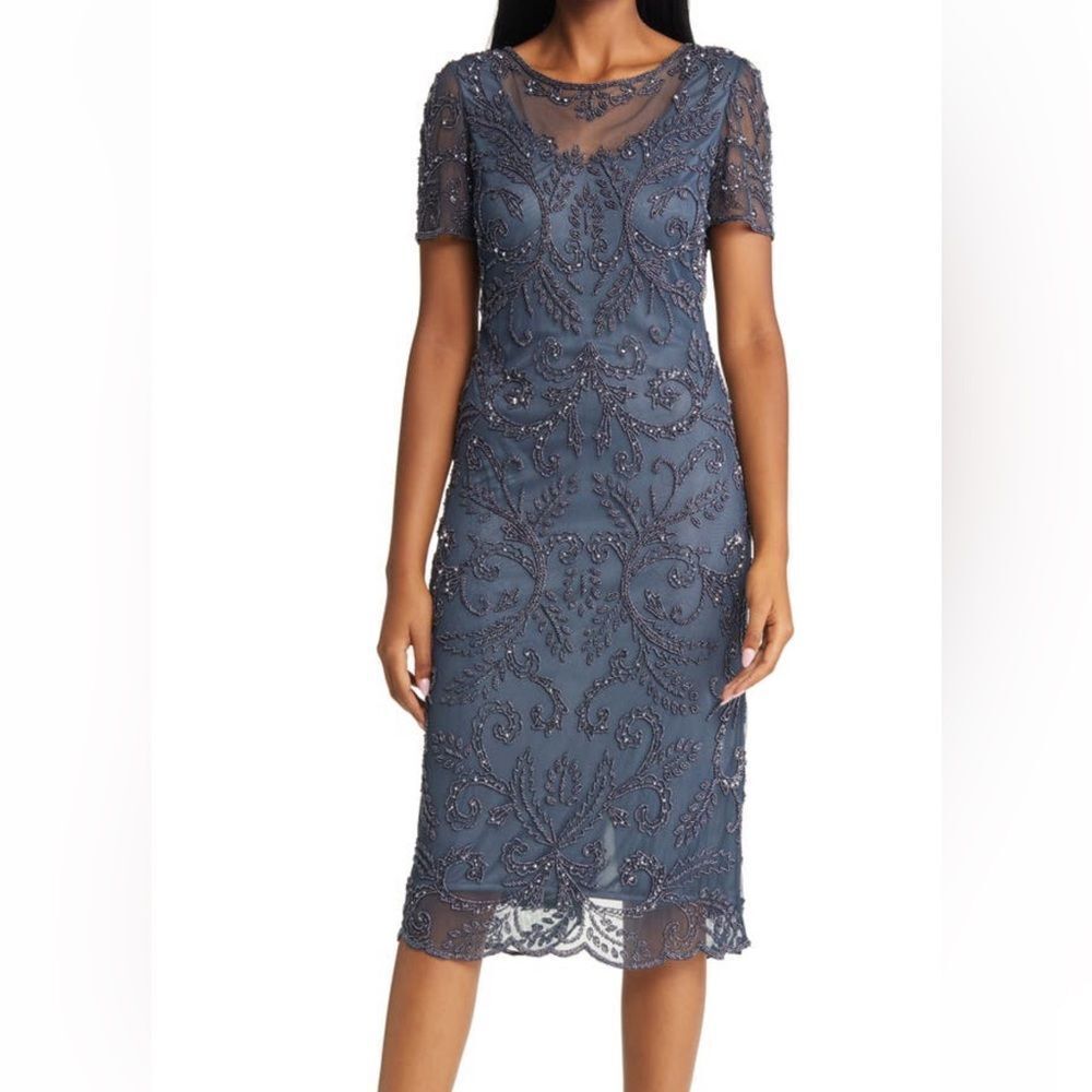 Pisarro Nights Embellished Slate Blue Midi Dress
